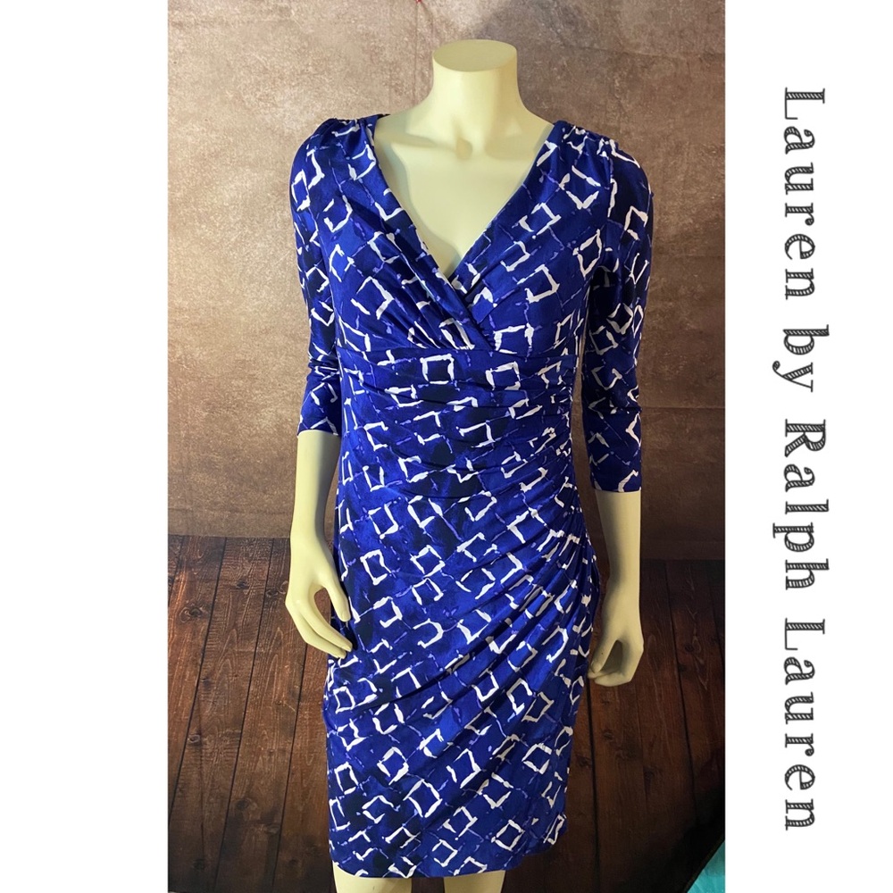 RALPH LAUREN Blue/white Ikat pattern faux wrap dress-Size 4-EUC
